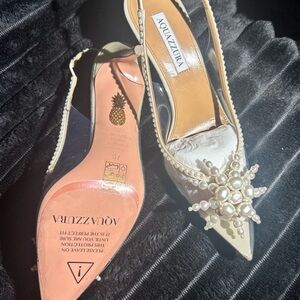 Aquazzura Ivory Pearl Embellished Slingback Heels